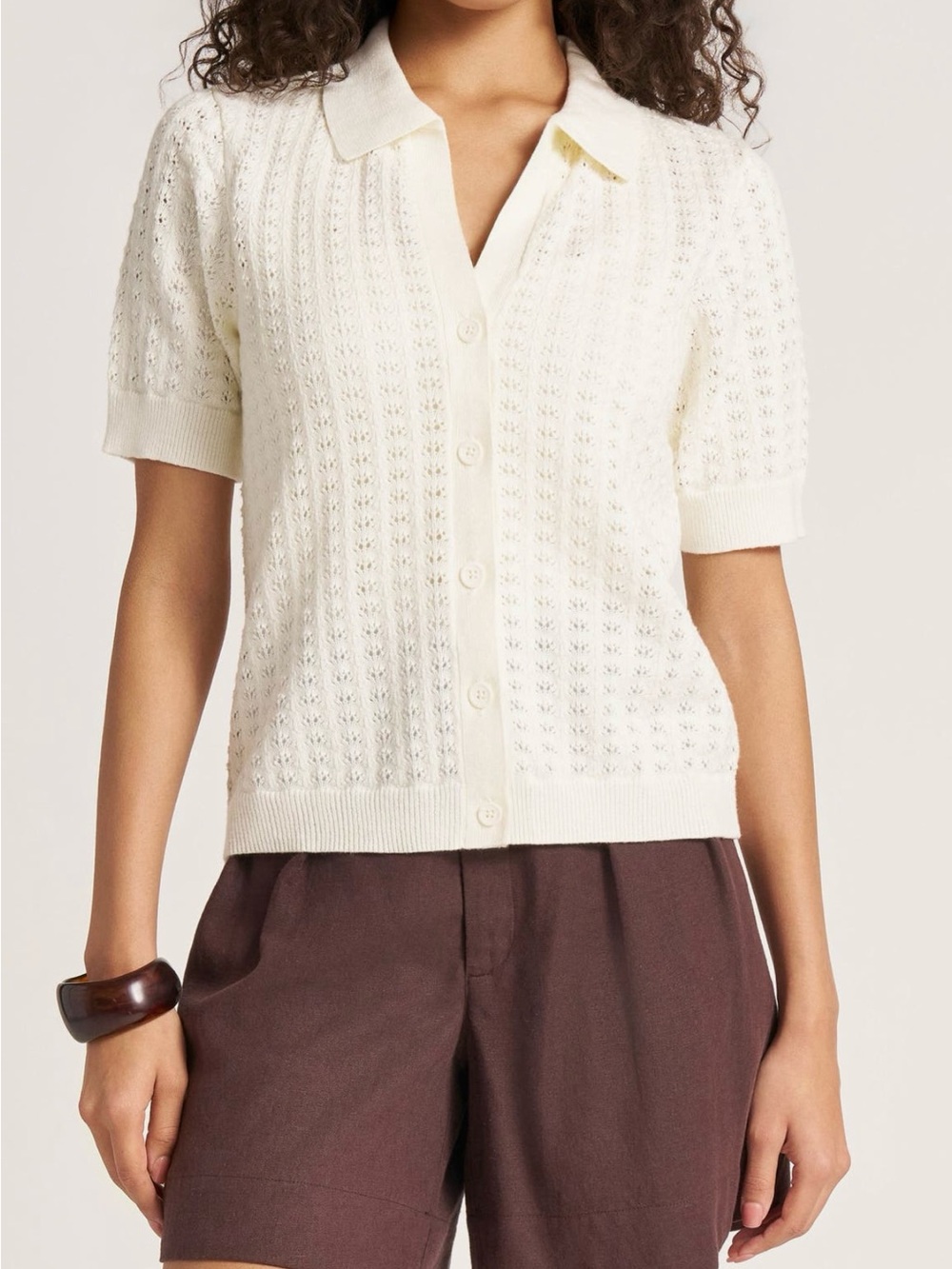 matty m. Solana Pointelle Polo Cardigan in Chocolate Size L